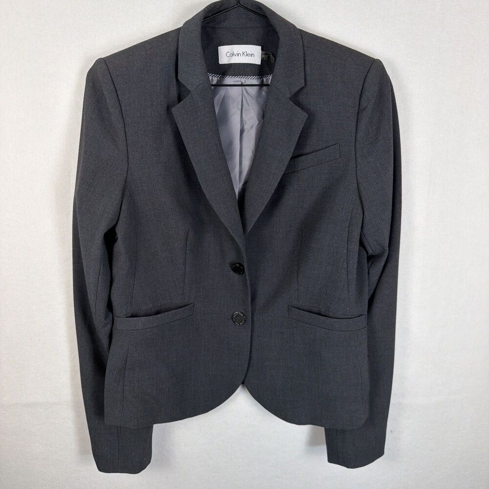Calvin Klein Womens 8P Gray Notch Lapel 2 Button Lined Office Suit Blazer Jacket